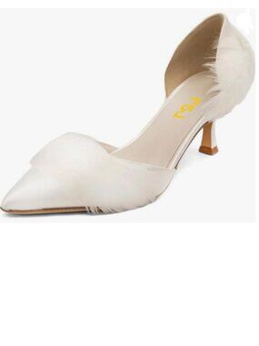 FSJ White D'Orsay Kitten Heels Pumps Pointed Toe Comfort Slip-On Feather Shoes
